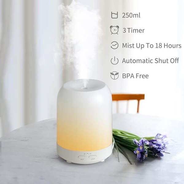 250ML Essential Oil Diffuser – White Pattern Ultrasonic Humidifier with LED Lights & Quiet Mist - Image 6